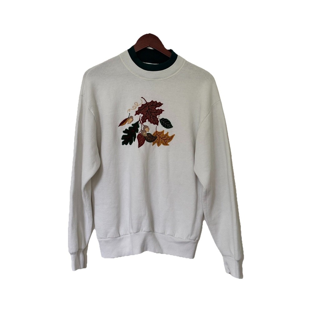 Vintage Gopher Sport Women Sweatshirt Fall Leaves And Green Ribbed Collar MEDIUM